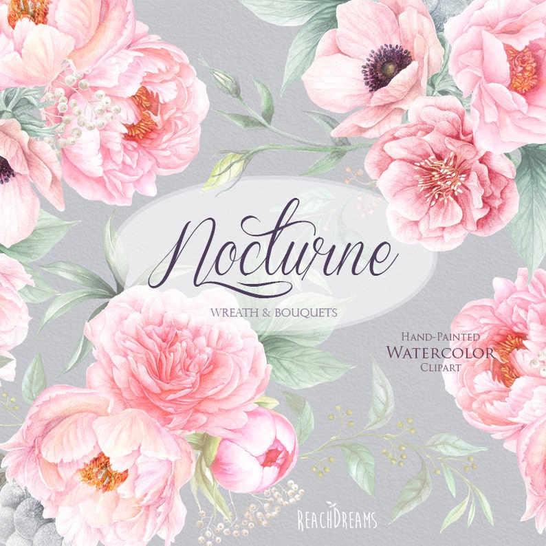 greeting card Bouquets Hand Painted Clipart Floral Wedding Invitations Anemone Digital PNG Wreaths Watercolor Peonies Flowers DIY