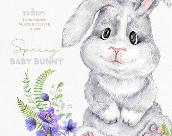 Watercolor Bunny. Little animals clipart, rabbit, babies portrait, woodland, forest, spring, floral, kids cute, nursery art, baby shower