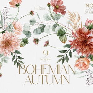 Flores de outono em terracota - Outono boêmio boho - Florais de outono - Casamento Boho - Dália - Rosas - Cosmos - Eucalipto - Buquês neutros