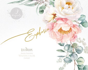 Floral clipart Eucalyptus Peonies White Flowers Greenery Light Pink Watercolor Bouquets Bohemian Boho Hand Painted Wedding Invitations PNG