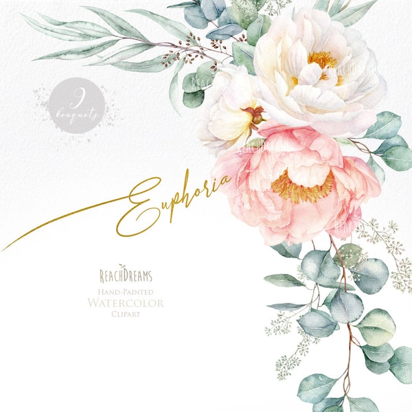 Blumen Clipart Eukalyptus Pfingstrosen Weiße Blumen Grün Hellrosa Aquarellsträuße Boho Boho Handgemalte Hochzeitseinladungen PNG