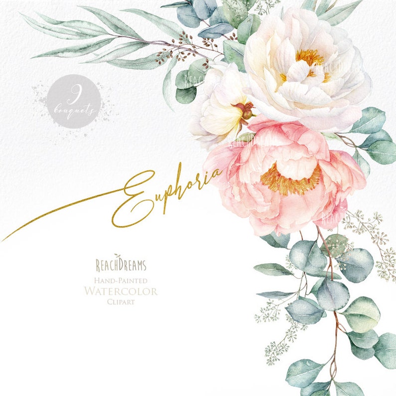 Floral clipart Eucalyptus Peonies White Flowers Greenery Light Pink Watercolor Bouquets Bohemian Boho Hand Painted Wedding Invitations PNG 