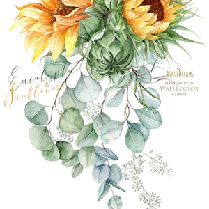 K&ouml;nnte beinhalten: Aquarell-Clipart mit einem Strau&szlig; Sonnenblumen und Eukalyptusbl&auml;ttern. Die Sonnenblumen sind gelb mit braunen Zentren und die Eukalyptusbl&auml;tter sind gr&uuml;n und blaugr&uuml;n.