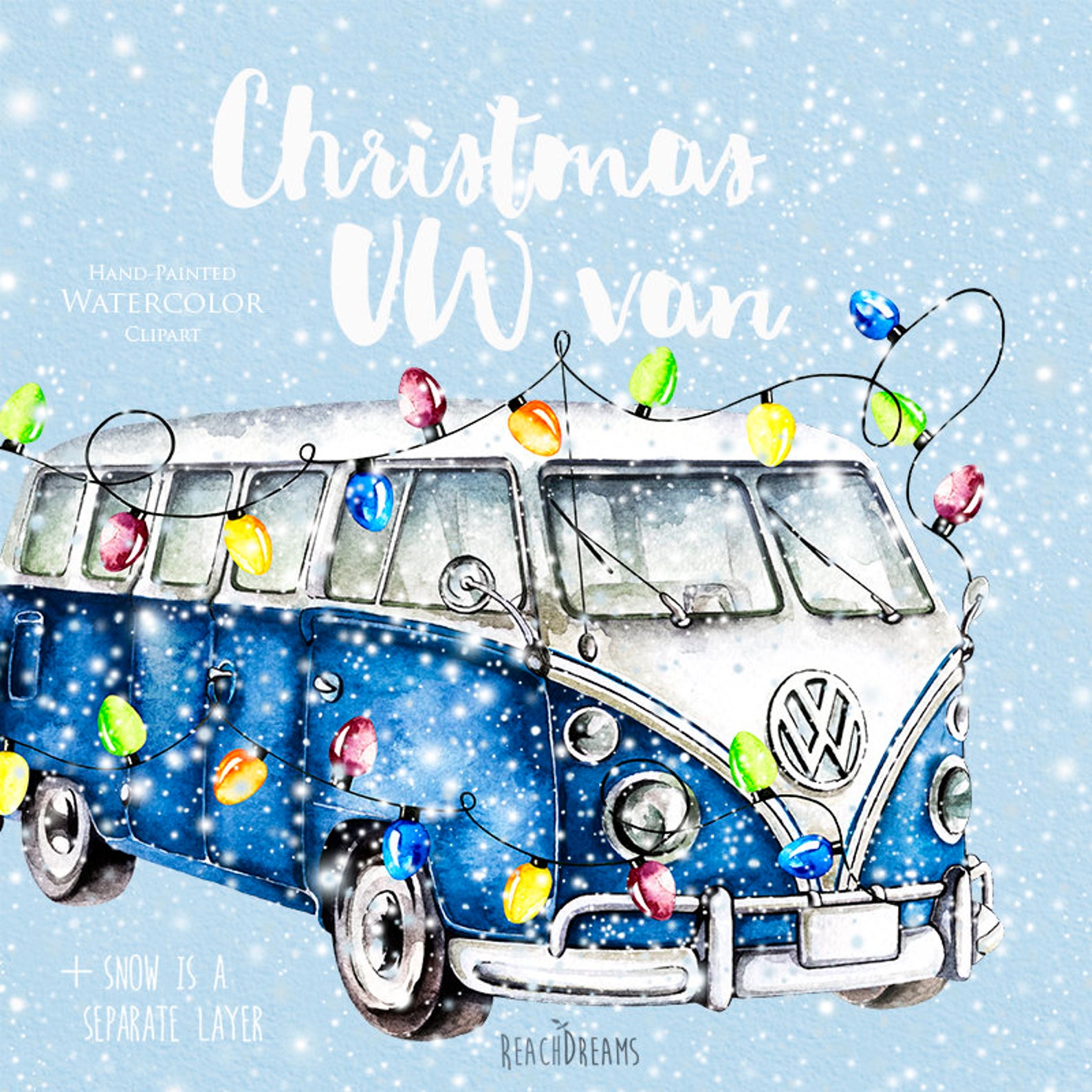 Watercolor Christmas VW Van Vintage Blue Bus New Year's Etsy