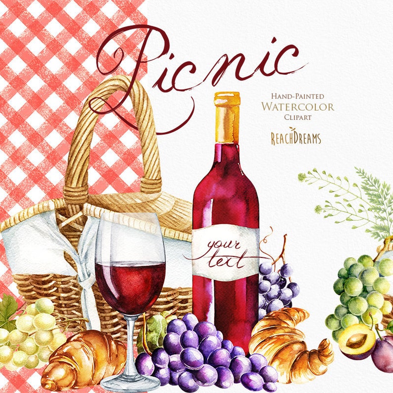 Clipart aquarelle pique-nique, Panier pique-nique, Panier pique-nique, Vin, Verre, Fruits, Raisins, Nourriture, Cuisine, Été, Camping, Aquarelle ensemble numérique image 1