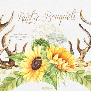 Girassol de buquês rústicos em aquarela com chifres e ervas selvagens. Flores boêmias Boho. Convites DIY digitais pintados à mão. Cartão comemorativo