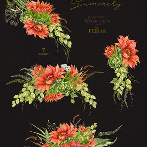May include: Seven watercolor illustrations of bouquets of red sunflowers, green hops, and other greenery. The text "Summery" is written in gold script above the bouquets. The text "Hand-Painted Watercolor Clipart by ReachDreams" is written below the bouquets.