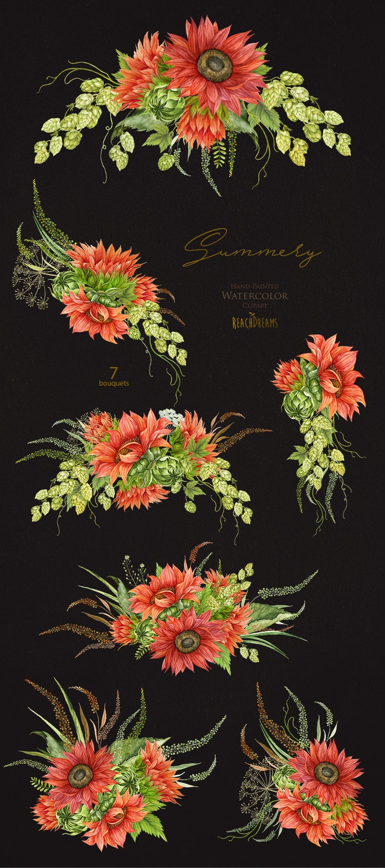 May include: Seven watercolor illustrations of bouquets of red sunflowers, green hops, and other greenery. The text "Summery" is written in gold script above the bouquets. The text "Hand-Painted Watercolor Clipart by ReachDreams" is written below the bouquets.