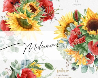 Sunflowers clipart, Eucalyptus clipart, Red Poppy floral, Watercolor Bouquets, Summer Bohemian Boho Flowers, Hand Painted Wedding Invitation