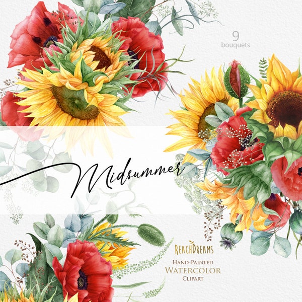 Sunflowers clipart, Eucalyptus clipart, Red Poppy floral, Watercolor Bouquets, Summer Bohemian Boho Flowers, Hand Painted Wedding Invitation