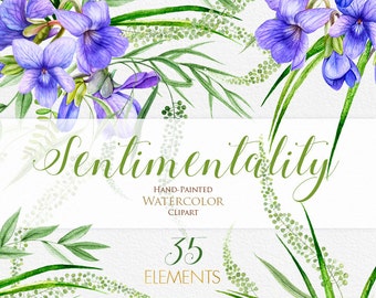 Viola Flowers, Watercolor Clipart, Floral Violet, Wedding invitation, Purple Arrangements, Individual elements, PNG files, greetings cards