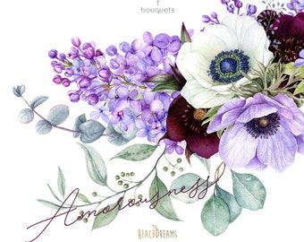 Wedding watercolor bouquets, Violet floral, Anemone flowers, Eucalyptus, Lilac, Purple, Hand painted clipart, invitations, greeting, quote