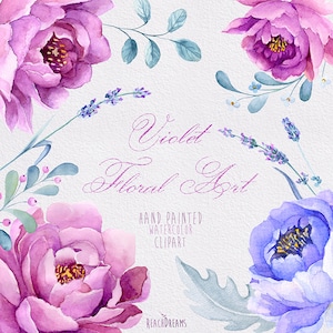 Violet Floral Art, Hand Painted Watercolour Clipart, Peonies, wedding diy elements, flowers, invite, printable