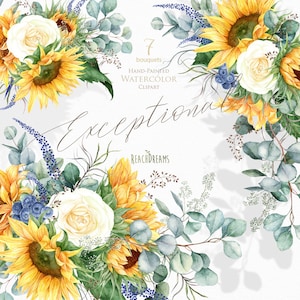 Sunflower clipart, Eucalyptus clipart, Greenery clipart, White rose, Wedding, Watercolor bouquets, Bohemian boho flowers, Invitations, png