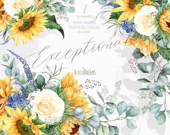 Imágenes prediseñadas de girasol, imágenes prediseñadas de eucalipto, imágenes prediseñadas de vegetación, rosa blanca, boda, ramos de acuarela, flores boho boho, invitaciones, png
