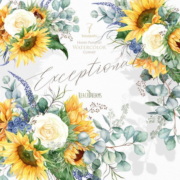 Sunflower clipart, Eucalyptus clipart, Greenery clipart, White rose, Wedding, Watercolor bouquets, Bohemian boho flowers, Invitations, png