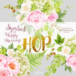 Bouquets aquarelle de mariage, houblon, fleurs de pivoins, fougère, clipart peint à la main, invitations florales, carte de voeux, rose, vert, impression numérique