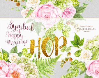 Wedding Watercolor Bouquets, Hop, Peonies flowers, Fern, Hand painted clipart, floral invitations, greeting card, pink, green, digital print