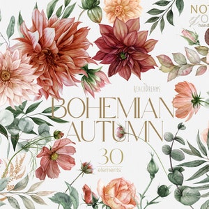 Terrakotta-Herbstblumen – Boho-Boho-Herbst – Herbstblumen – Boho-Hochzeit – Dahlie – Rosen – Kosmos – Eukalyptus – PNG-Elemente