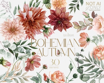 May include: Watercolor illustrations of autumn flowers and foliage in shades of pink, red, and green. The illustrations include dahlias, roses, cosmos, eucalyptus leaves, and other botanical elements. The text "Bohemian Autumn 30 elements" is included in the image.
