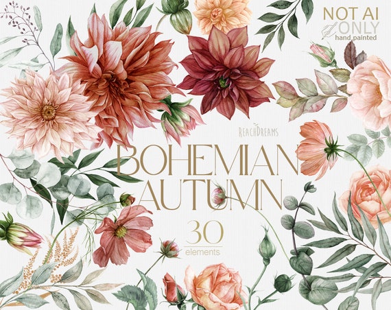 Terracotta Autumn Flowers - Bohemian Boho Fall - Autumn Florals - Boho Wedding - Dahlia - Roses- Cosmos - Eucalyptus -  PNG Elements