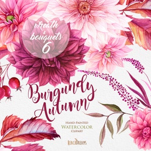 Dahlias Watercolor Wreath & Bouquets clipart, Automne bourgogne, Invitations de mariage, peint à la main, clip art d’automne, téléchargement instantané numérique
