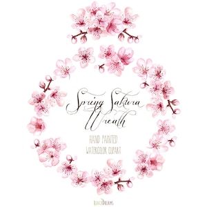 Sakura Kranz und Strauß. Frühlingsblüte. Handgemalte Aquarell Clipart.Hochzeit, Frühling floral, Einladungen, Grüße, Blüte, romantisch