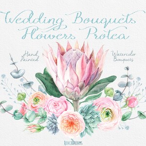 Wedding Watercolor Bouquets Protea Flowers, Roses, Eucalyptus, Ranunculus, Succulents, hand painted clipart, invite, greeting card, DIY