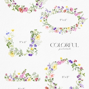 May include: Five watercolor floral wreaths in different sizes, perfect for adding a touch of nature to your designs. The wreaths feature a variety of flowers in shades of pink, yellow, purple, and blue, with green leaves and stems. The wreaths are labeled with their dimensions in inches: 10" x 8", 9" x 6", 9" x 6", 8" x 8", and 8" x 8". The text "REACHDREAMS" and "5 frames" is also included in the image.