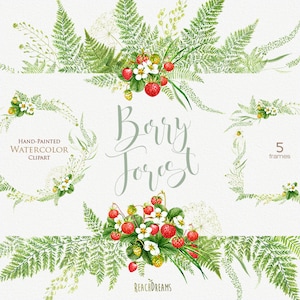 Wildflowers Watercolor Floral Clipart Leaves Wild Flowers Wedding Summer Greenering Berries Clipart Botanical Print