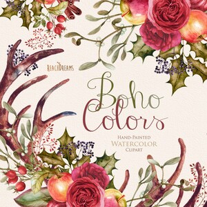 Clipart Boho em aquarela, guirlanda de flores e buquês, convite de casamento, elementos PNG DIY, convite, cartão de felicitações, rosas, poinsétia, chifres