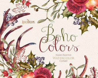 Clipart Boho aquarelle, couronne de fleurs et bouquets, invitation de mariage, éléments PNG DIY, invitation, carte de vœux, roses, poinsettia, cornes