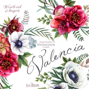 Corona de acuarela de boda y ramos, flores de Helleborus, anémona, eucalipto, imágenes prediseñadas pintadas a mano, invitaciones florales, tarjeta de felicitación