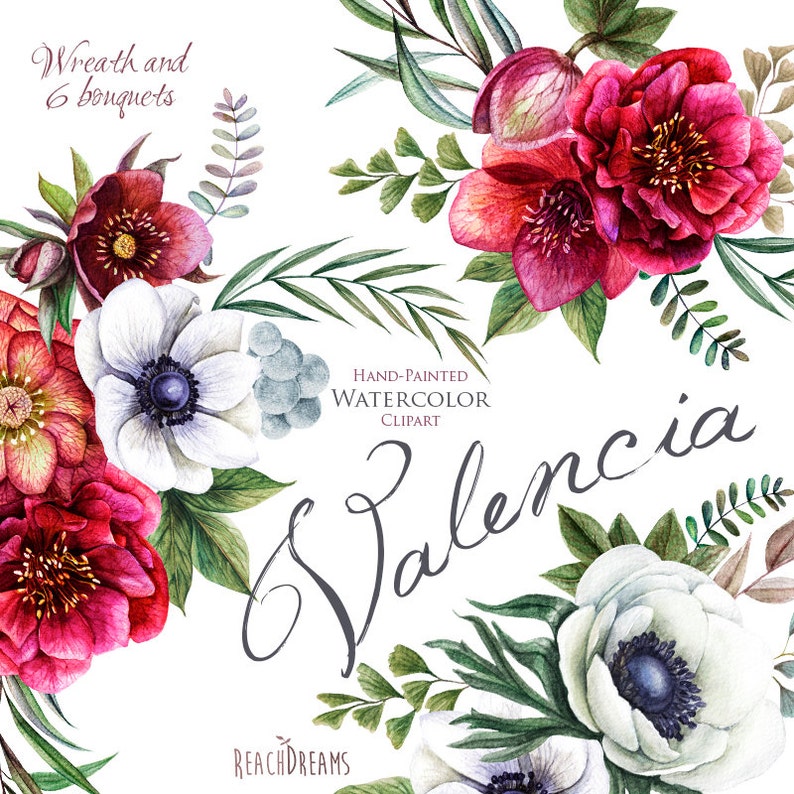 floral invitations Eucalyptus Wedding Watercolor Wreath /& Bouquets Anemone greeting card Helleborus Flowers Hand painted clipart