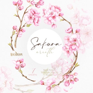 桜のリース。水彩花のクリップアート、桜、ピンク、花、結婚式、ブライダル、枝、繊細、優しい、新鮮、春の庭