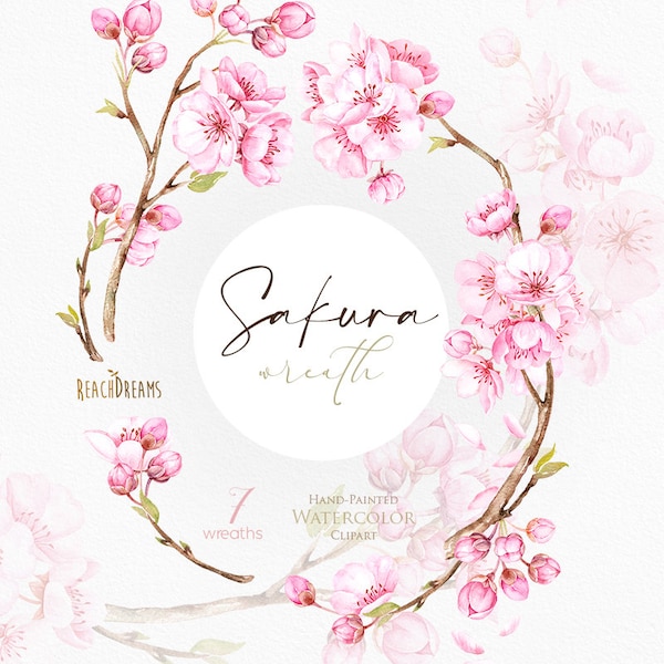 Sakura Wreaths. Watercolor floral clipart, cherry blossom, pink, flowers, wedding, bridal, branch, delicate, gentle, fresh, spring garden 