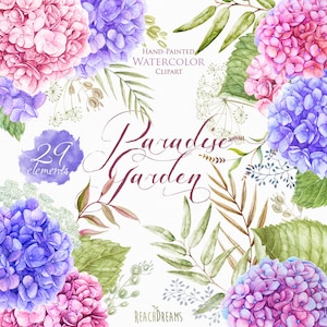 Flores de hortênsia em aquarela de casamento, elementos florais, ervas, clipart pintado à mão, convites florais, cartão de felicitações, impressão digital