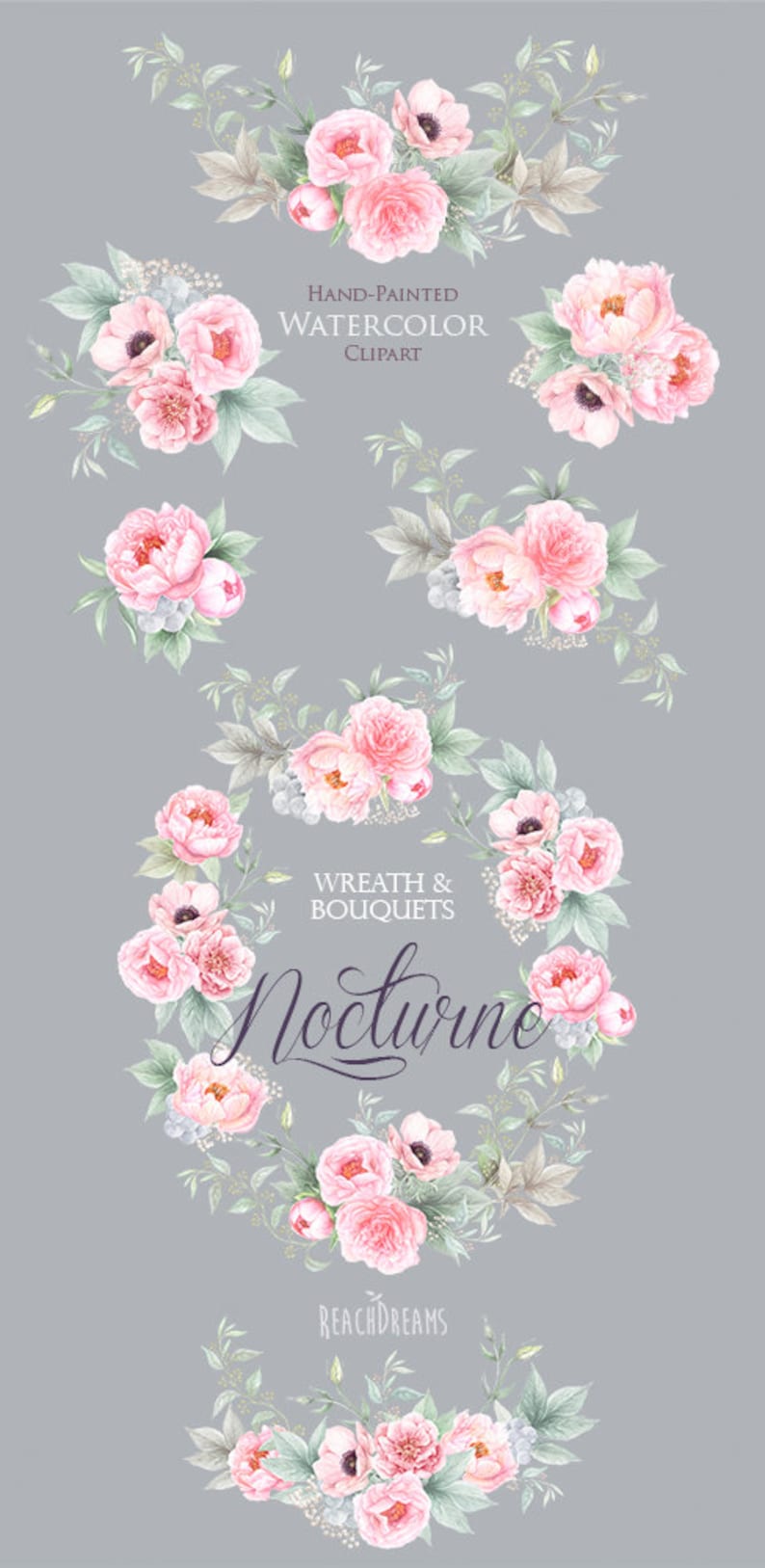 greeting card Bouquets Hand Painted Clipart Floral Wedding Invitations Anemone Digital PNG Wreaths Watercolor Peonies Flowers DIY