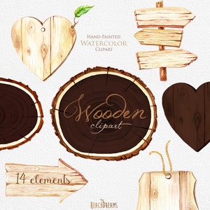 Wooden Slices Watercolor Clipart, Wood pointer, logs, board, signpost, hand painted, lettering, textures, frames, invite, quotes, heart