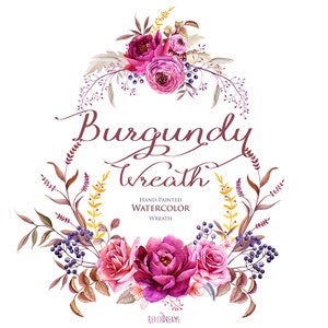 Akwarela bordowy wieniec kwiaty ręcznie malowane. Bukiet ślubny. Fioletowe róże, Jaskier, Piwonie. Cyfrowe zaproszenia DIY