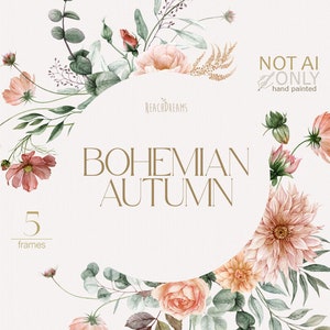 Aquarell florale geometrische Rahmen, Terrakotta-Herbstblumen, Hochzeitseinladung, Aquarell-Clipart, böhmischer Boho-Herbst, Eukalyptus, png