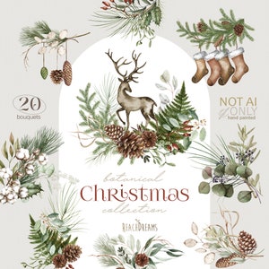 Imágenes Prediseñadas de ramos de Navidad, rústico, Boho, imágenes prediseñadas de acuarela, arreglos florales, botánicos de invierno, decoración de invierno, follaje, cono, algodón