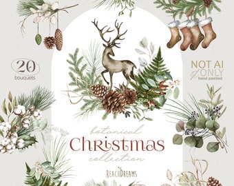 Christmas Bouquets Clipart, Rustic, Boho, Watercolor Clipart, Floral Arrangement, Winter Botanicals, Winter Decor, Foliage, Cone, Cotton