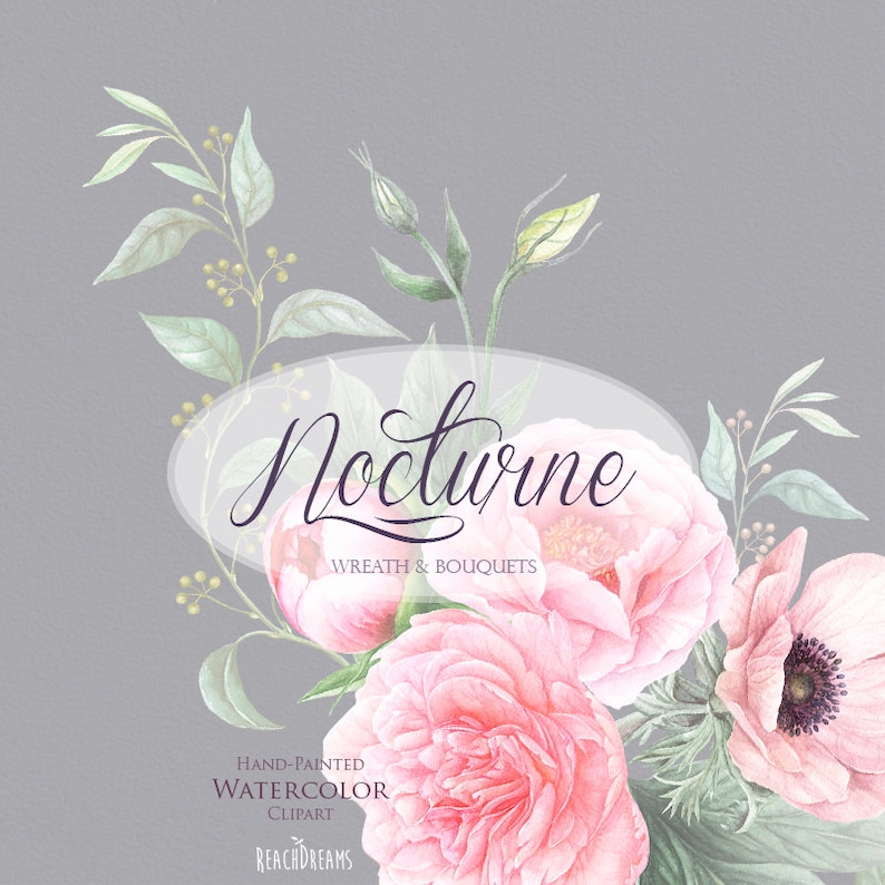 greeting card Bouquets Hand Painted Clipart Floral Wedding Invitations Anemone Digital PNG Wreaths Watercolor Peonies Flowers DIY