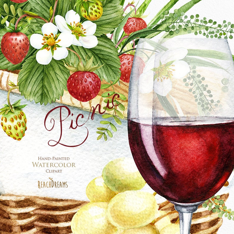 Clipart aquarelle pique-nique, Panier pique-nique, Panier pique-nique, Vin, Verre, Fruits, Raisins, Nourriture, Cuisine, Été, Camping, Aquarelle ensemble numérique image 5