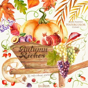 Aquarelle : récolte d'automne, Halloween, citrouille, feuilles, légumes, fruits, baies, invitation, salutation, téléchargement instantané