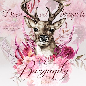 Cerfs d’aquarelle en fleurs de Bourgogne, bois, cornes de cerf, Boho, rustique, mariage de Boho, tribu, sauvage, clipart peint à la main, png d’invitation