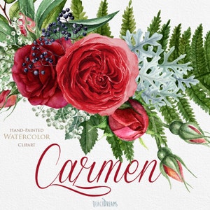 Bouquets d'aquarelle de mariage, fleurs anglaises de roses, Brunia, fougère, feuilles Eucalyptus, clipart peint à la main, invitations, carte de voeux, DIY