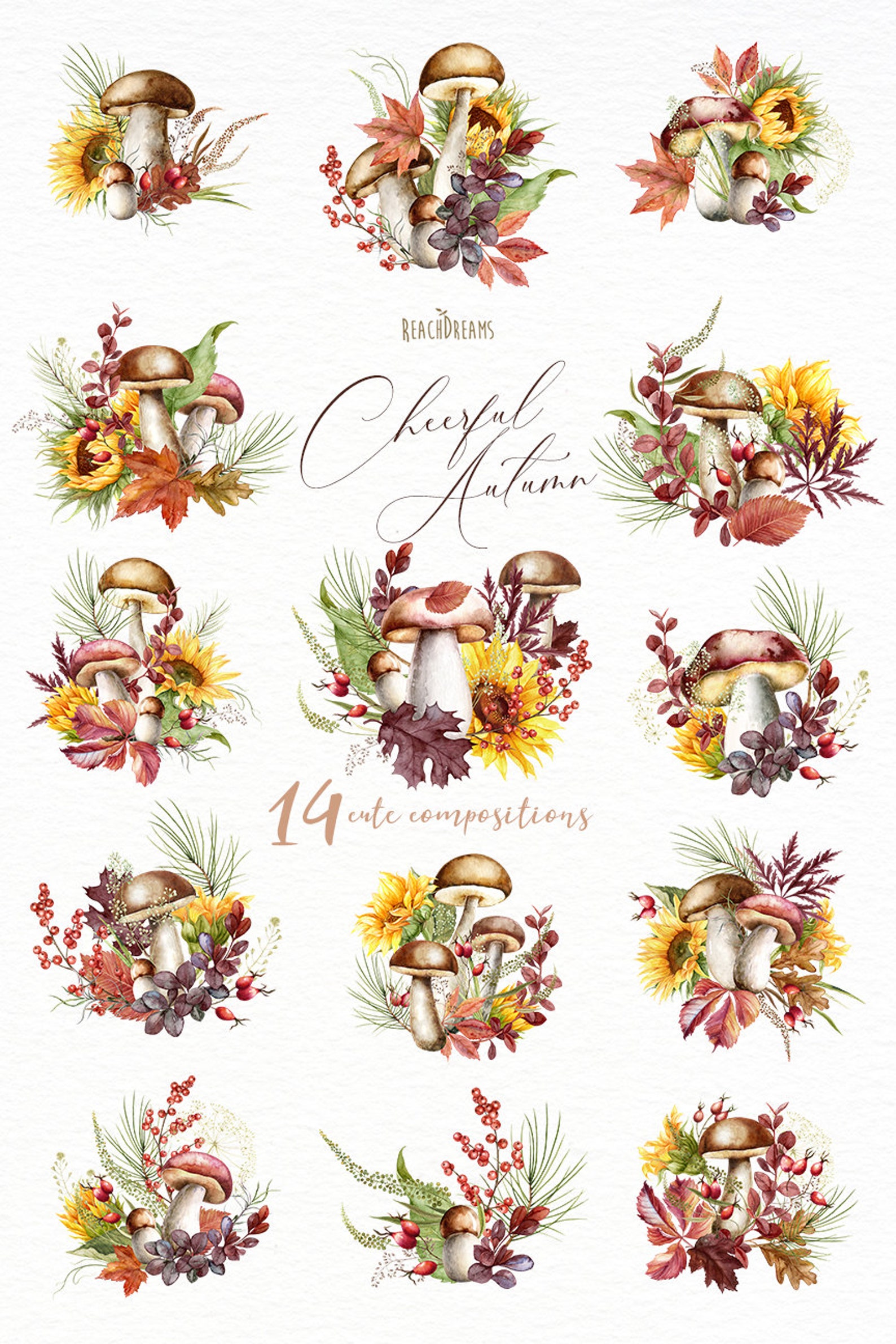 Mushrooms Sunflowers Autumn Leaves Leaf Fall Forest Watercolor - Etsy