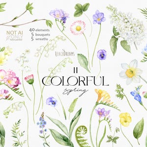 Fleurs sauvages clipart, fleurs sauvages PNG, fleurs printanières aquarelles, bouquets colorés, cadres floraux clipart, éléments multicolores dessinés à la main